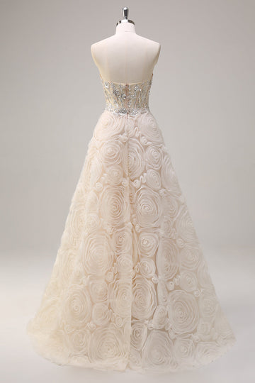 Robe de Soirée longue à bretelles corset floral sans bretelles champagne champagne clair avec paillettes